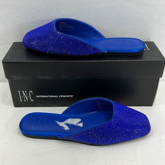 INC International Concepts Joslyn Square-Toe Flat Mules- Cobalt Crystals -Sz 5M - Picture 1 of 7